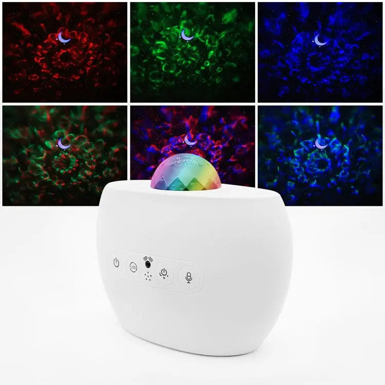 Showlu Galaxy Starry Sky Projector LED night light displaying colorful aurora and starry sky patterns on a dark room wall.