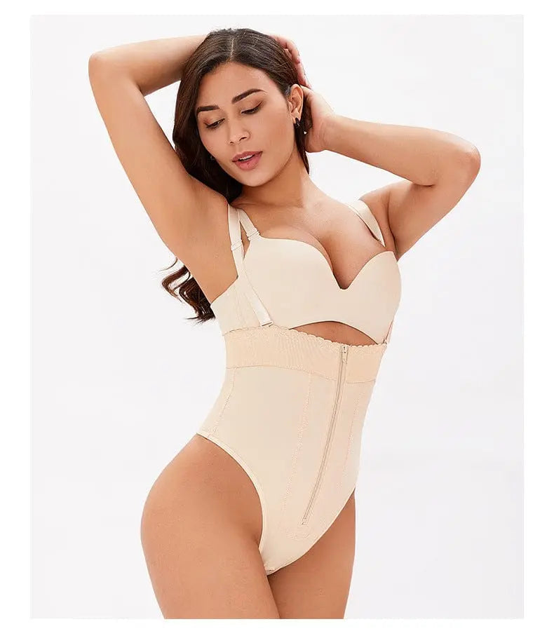 Showlu high waist tummy control thong with zipper waist trainer, slimming body shaper and seamless design for shaping and support.
