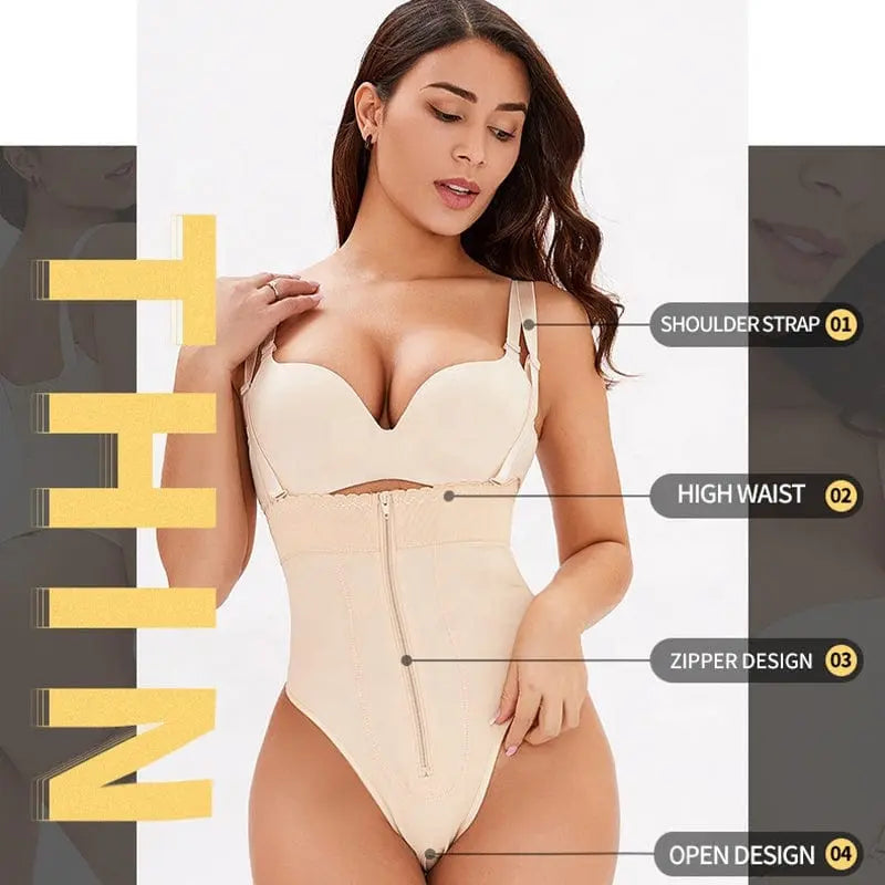 Showlu high waist tummy control thong with zipper waist trainer body shaper, slimming underwear for shaping and support.