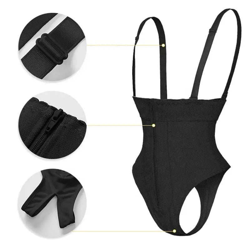 Showlu high waist tummy control thong with zipper waist trainer body shaper for slimming and shaping the waist area.