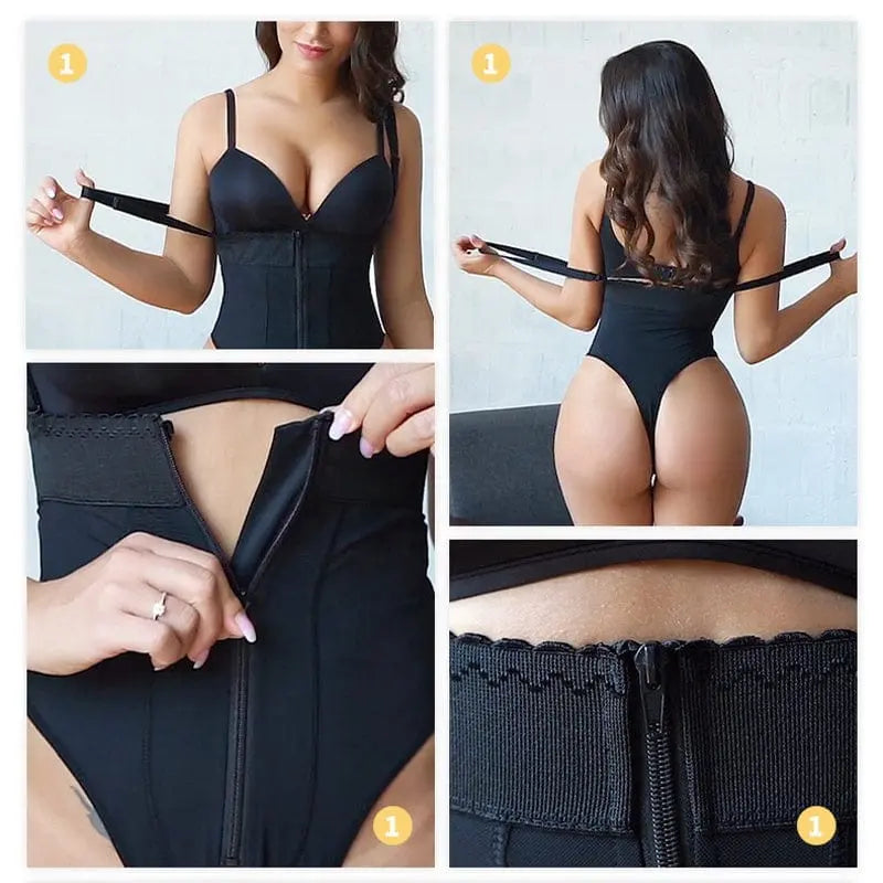 Showlu high waist tummy control thong with zipper waist trainer and body shaper, designed for slimming and shaping the waist.
