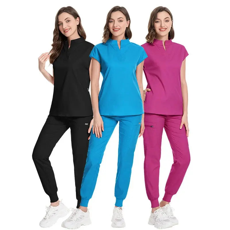 Showlu Women's medical scrubs made of elastic polyester-rayon fabric, featuring a comfortable hospital uniform for nurses and medical staff.