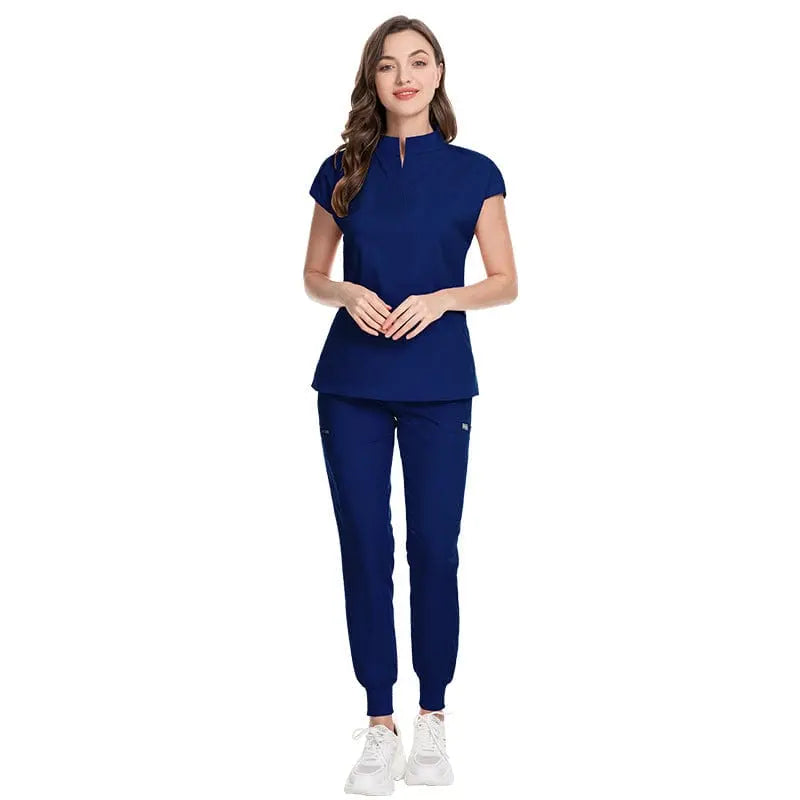 Showlu Women's medical scrubs in elastic polyester-rayon fabric with custom logo, hospital uniform for nurses and medical staff.