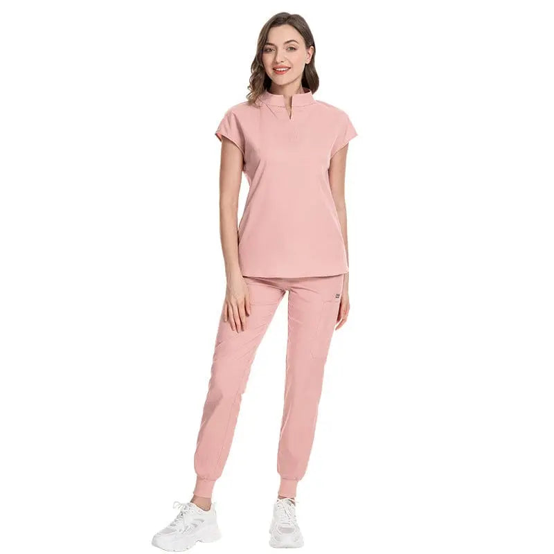 Showlu Women's medical scrubs with elastic polyester-rayon fabric, featuring a custom logo and hospital uniform design.
