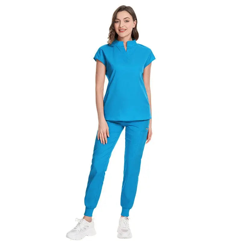 Showlu Women's medical scrubs made of elastic polyester-rayon fabric, featuring a hospital uniform with custom logo and professional fit.