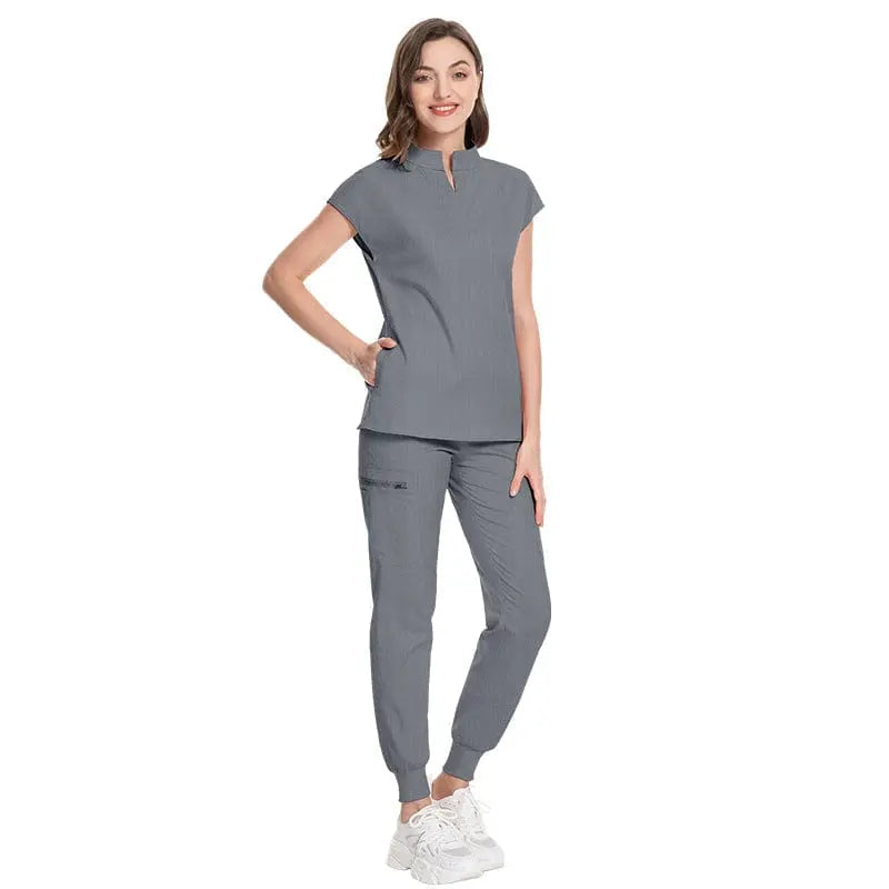 Showlu Women's medical scrubs made of elastic polyester-rayon with custom logo, hospital uniform for nurses and medical staff.