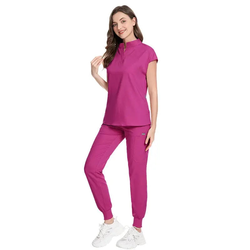 Showlu Women's medical scrubs made of elastic polyester-rayon fabric, featuring a hospital uniform design with a custom logo.