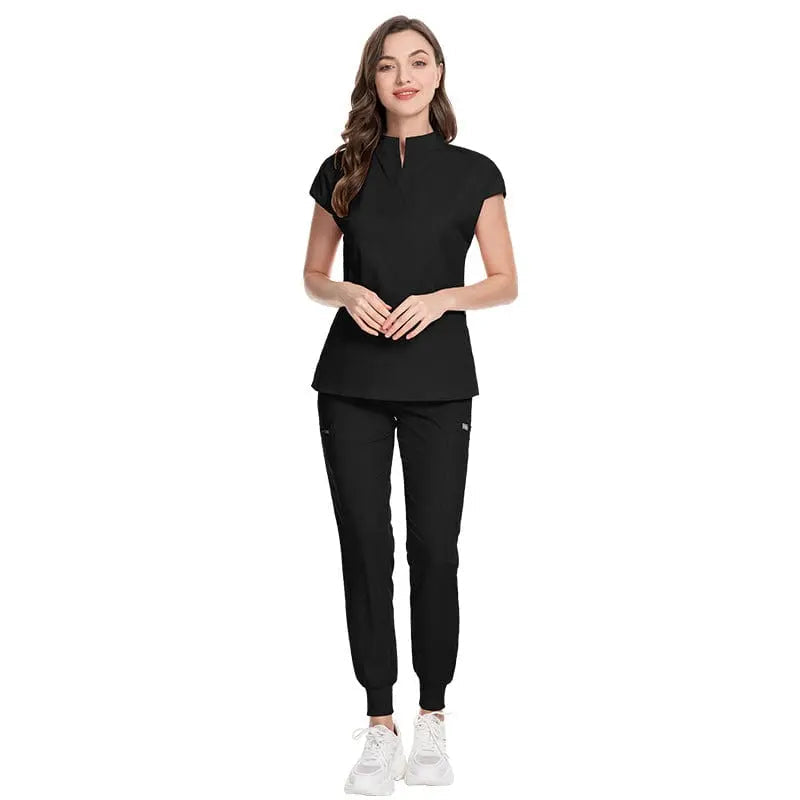 Showlu Women's medical scrubs made of elastic polyester-rayon with a custom logo, designed for hospital uniforms and nurses.