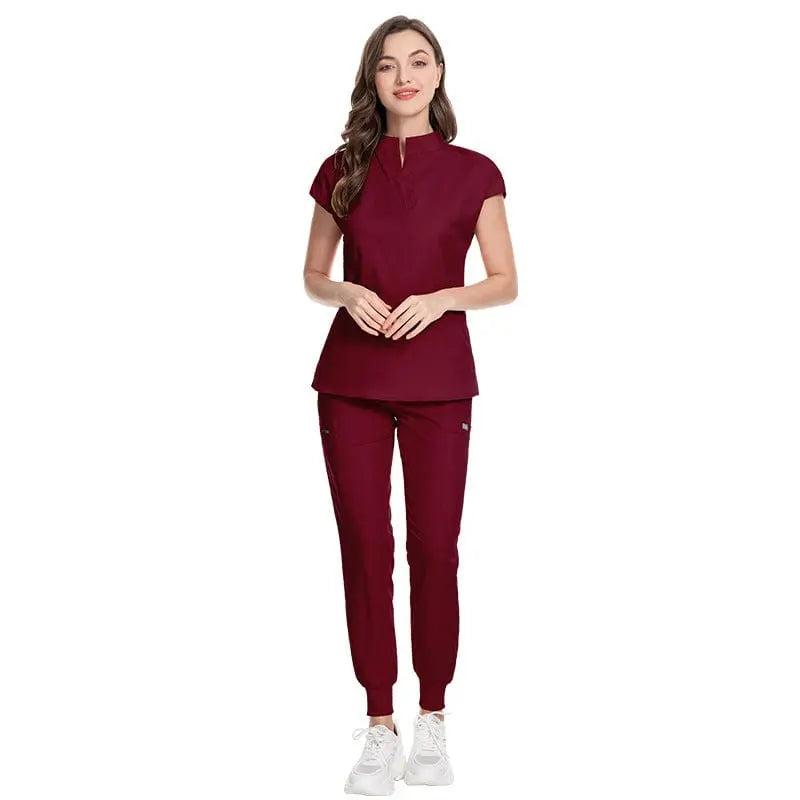 Showlu Women's medical scrubs made of elastic polyester-rayon with a custom logo, hospital uniform for nurses and healthcare professionals.
