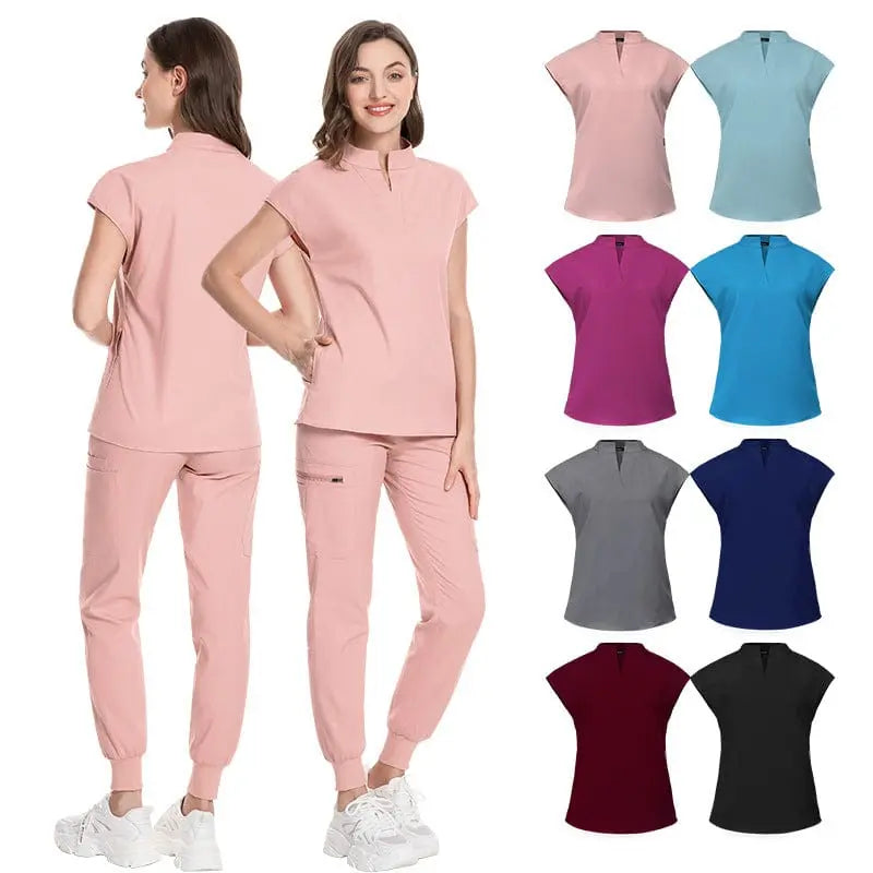Showlu Women's medical scrubs made of elastic polyester-rayon, featuring a hospital uniform design with a custom logo and lab coat style.