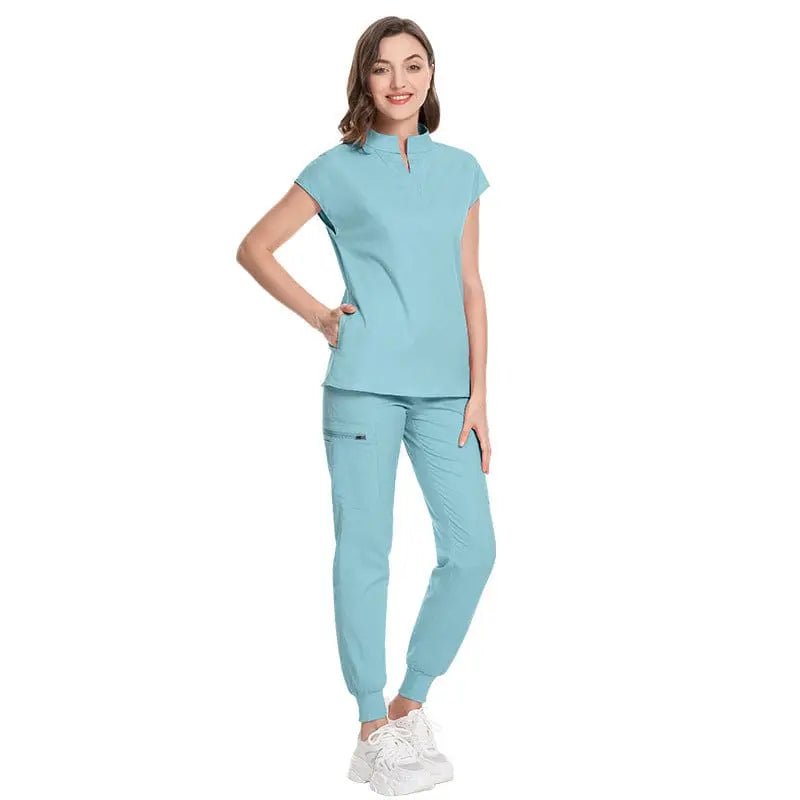 Showlu Women's medical scrubs in elastic polyester-rayon fabric, featuring a hospital uniform design with a custom logo.