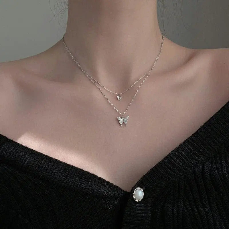 Showlu Hollow Butterfly Pendant Necklace with sparkling zircon crystals, animal-inspired choker jewelry for ladies and special occasions.
