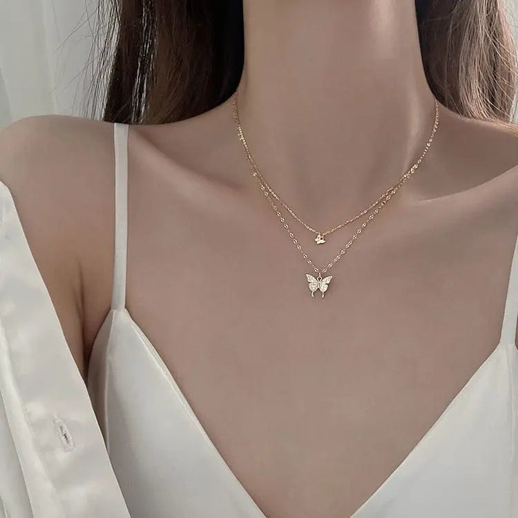 Showlu Hollow Butterfly Pendant Necklace with sparkling zircon crystals, animal choker design, perfect for stylish ladies.