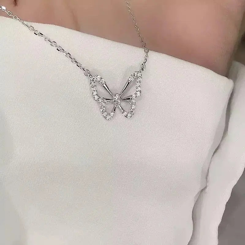 Hollow butterfly pendant necklace with zircon crystals, elegant animal choker jewelry for women by Showlu Fashion Store.