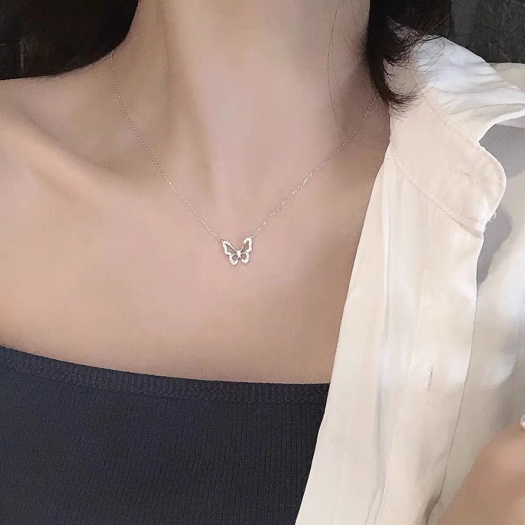 Showlu hollow butterfly pendant necklace with zircon crystals, animal-shaped choker jewelry for women, elegant fashion accessory