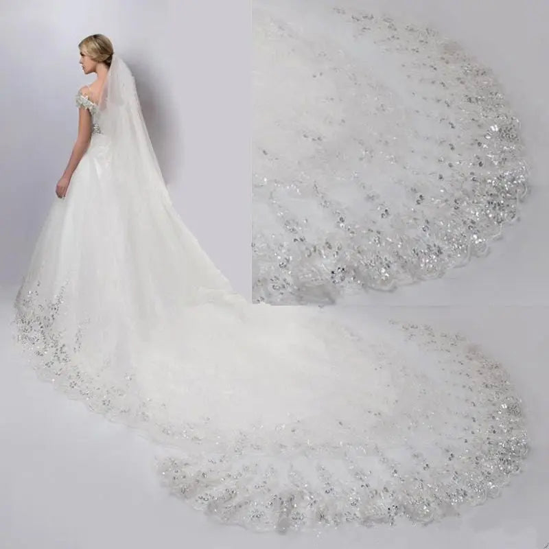 Showlu Fashion Cathedral bridal veil with one layer of sequin lace, featuring wide tail for wedding or special occasions.