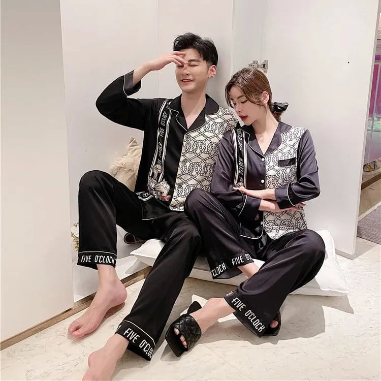 Silk satin couple pajamas set by Showlu Fashion, featuring Korean style nightwear for men and women, stylish and comfortable.