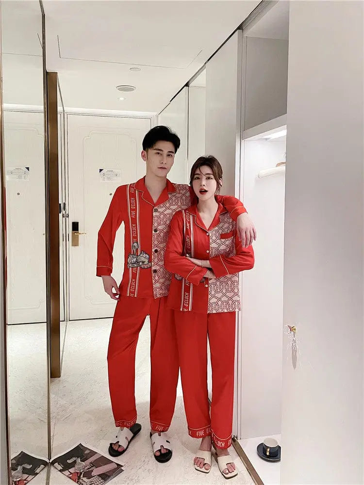 Silk satin couple pajamas set from Showlu Fashion, featuring Korean style nightwear for men and women, stylish and comfortable.