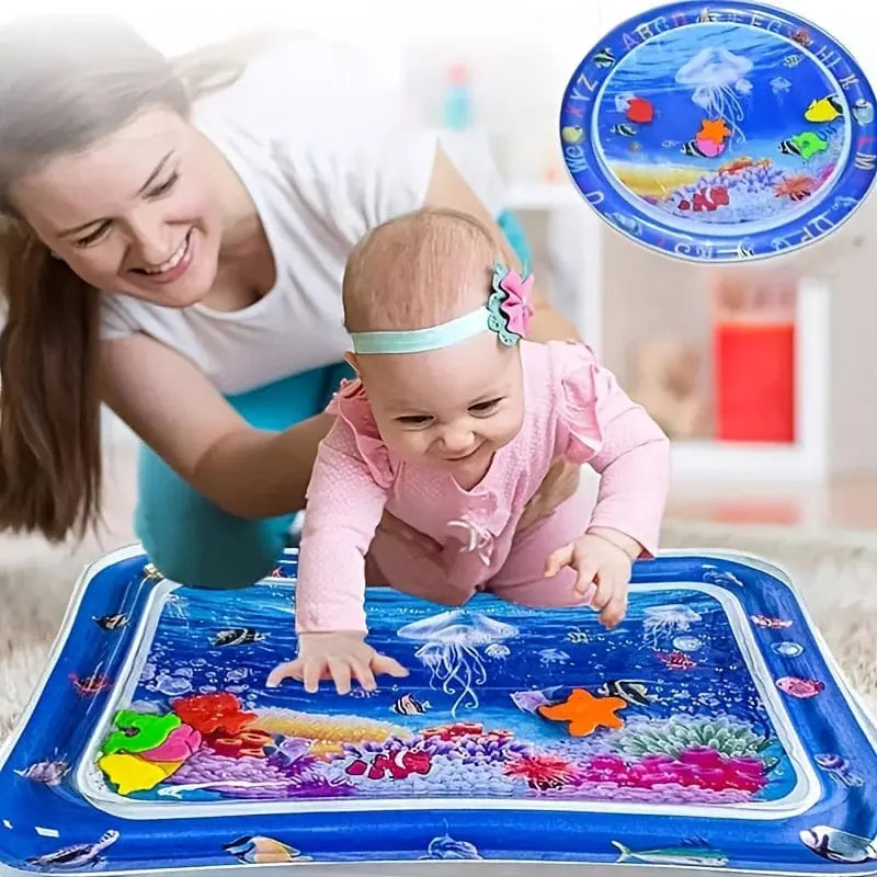 Inflatable baby tummy time mat with water-filled surface for infants and toddlers, featuring colorful design and soft, safe material.