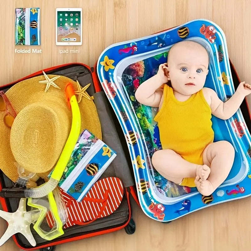 Inflatable baby tummy time mat with water-filled play area for infants and toddlers, designed for comfortable water play.