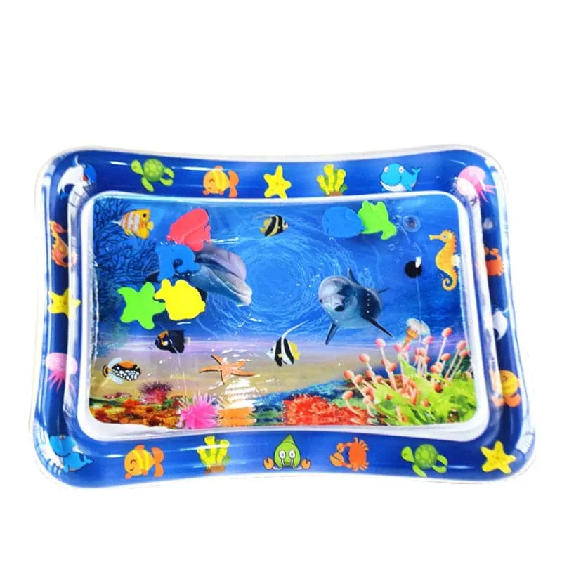 Inflatable baby tummy time mat with water-filled surface for infants and toddlers, designed for interactive play and sensory development.