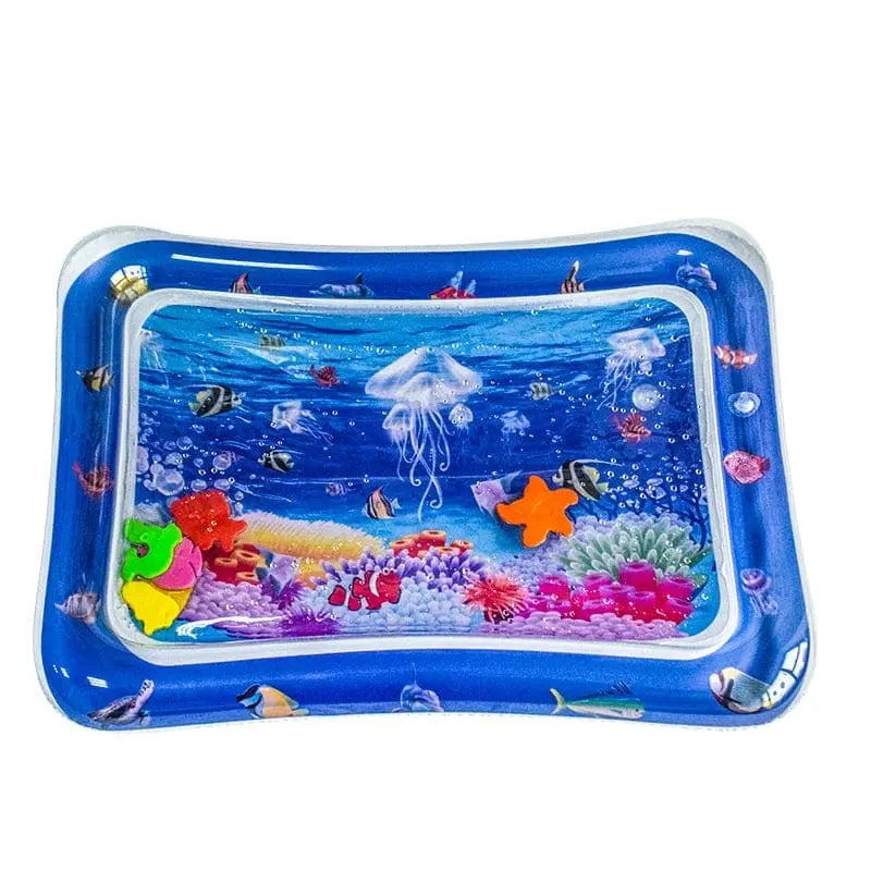 Inflatable baby tummy time mat with colorful water-filled surface for infants and toddlers, designed for fun and sensory development.