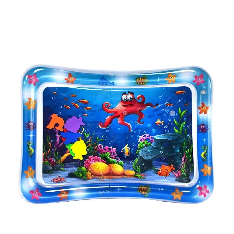 Inflatable Infinno tummy time water mat for babies and toddlers, featuring colorful designs and soft, water-filled surface for play.