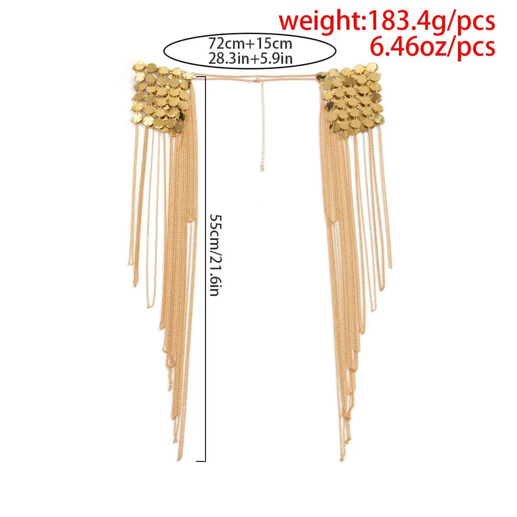 Gold metal chain shoulder body harness with sequins and tassels, designed for women, featuring a punk and sexy style.