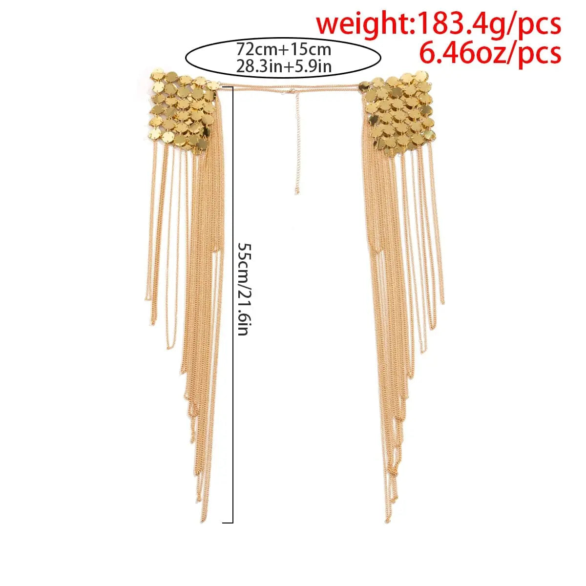 Gold metal chain shoulder body harness with sequins and tassels, designed for women, featuring a punk and sexy style.