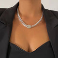 Iced out rhinestones hip hop tennis chain choker with Cuban curb design, showcasing shiny bling jewelry for men.