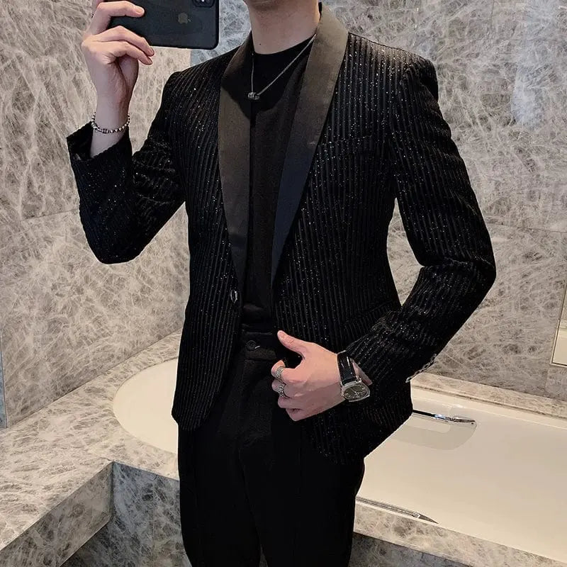 Showlu men's slim fit black striped sequined suit with casual long sleeves, stylish and eye-catching for fashionable occasions.