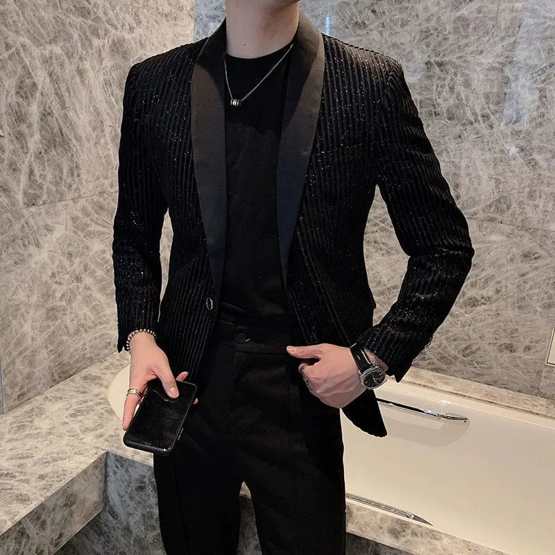 Showlu men's slim fit black striped sequined suit with long sleeves, casual style, worn by an internet celebrity.