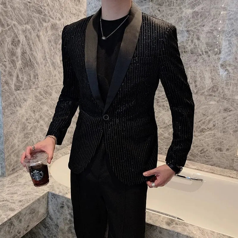 Showlu men's slim fit black striped sequined suit with long sleeves, casual style, perfect for fashionable occasions.