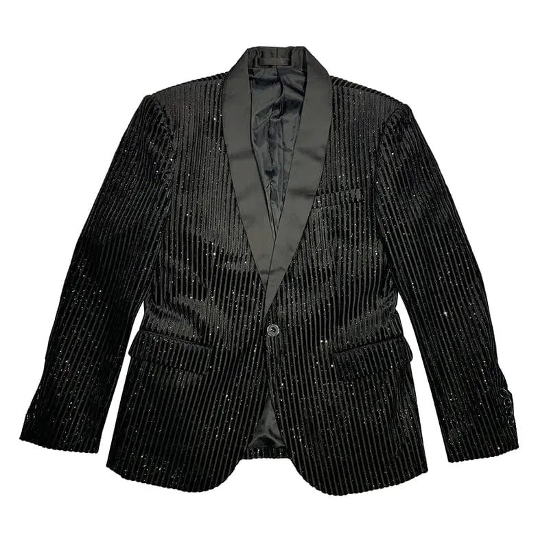 Showlu men's slim fit black striped sequined suit with casual long sleeves, stylish and eye-catching for modern fashion.