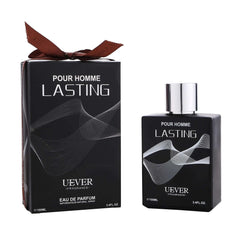 A black Uever Lasting Pour Homme eau de parfum bottle and its matching gift box.