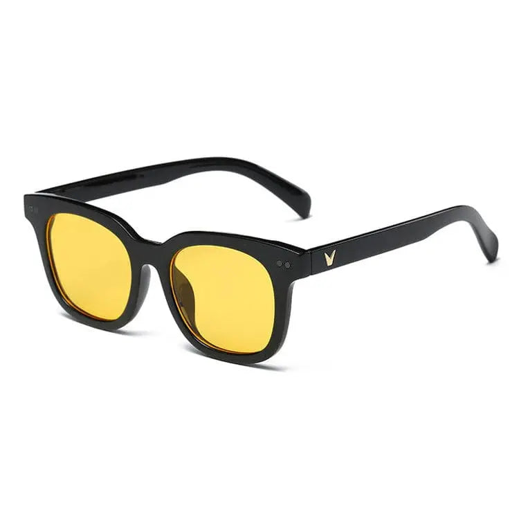 Yellow retro square polarized sunglasses with UV400 protection, myopia friendly design, stylish Japanese-inspired look for men and women.