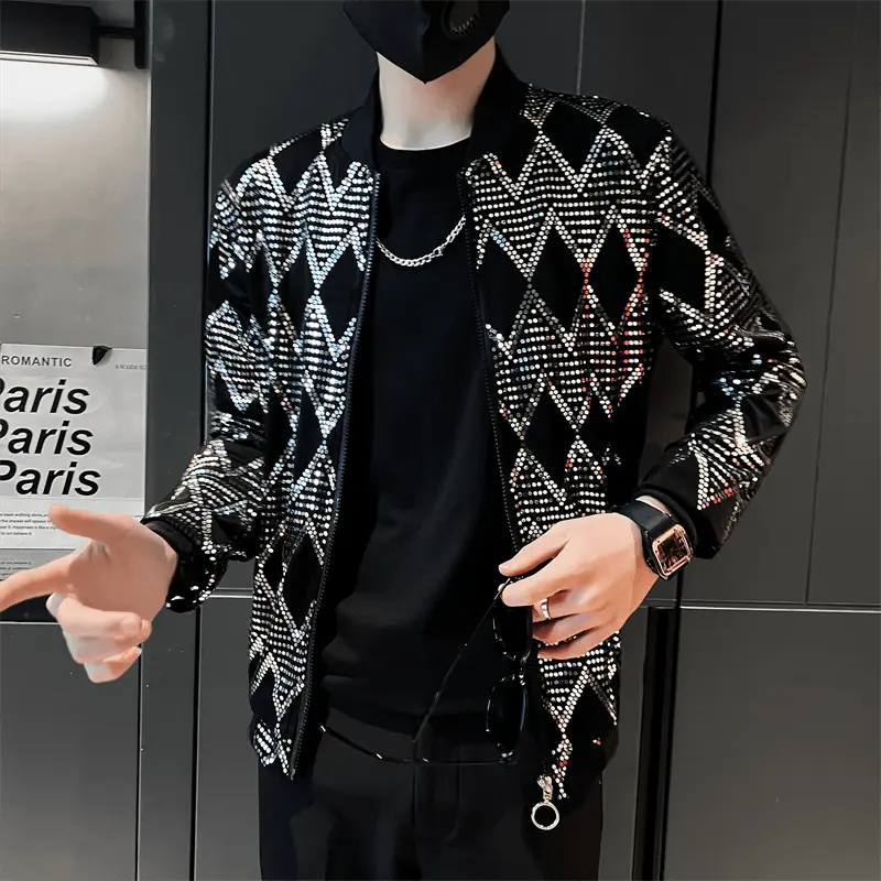 Men's diamond plaid bomber jacket by Showlu Fashion Store, featuring a Y2K hip hop style, slim fit, and streetwear design.