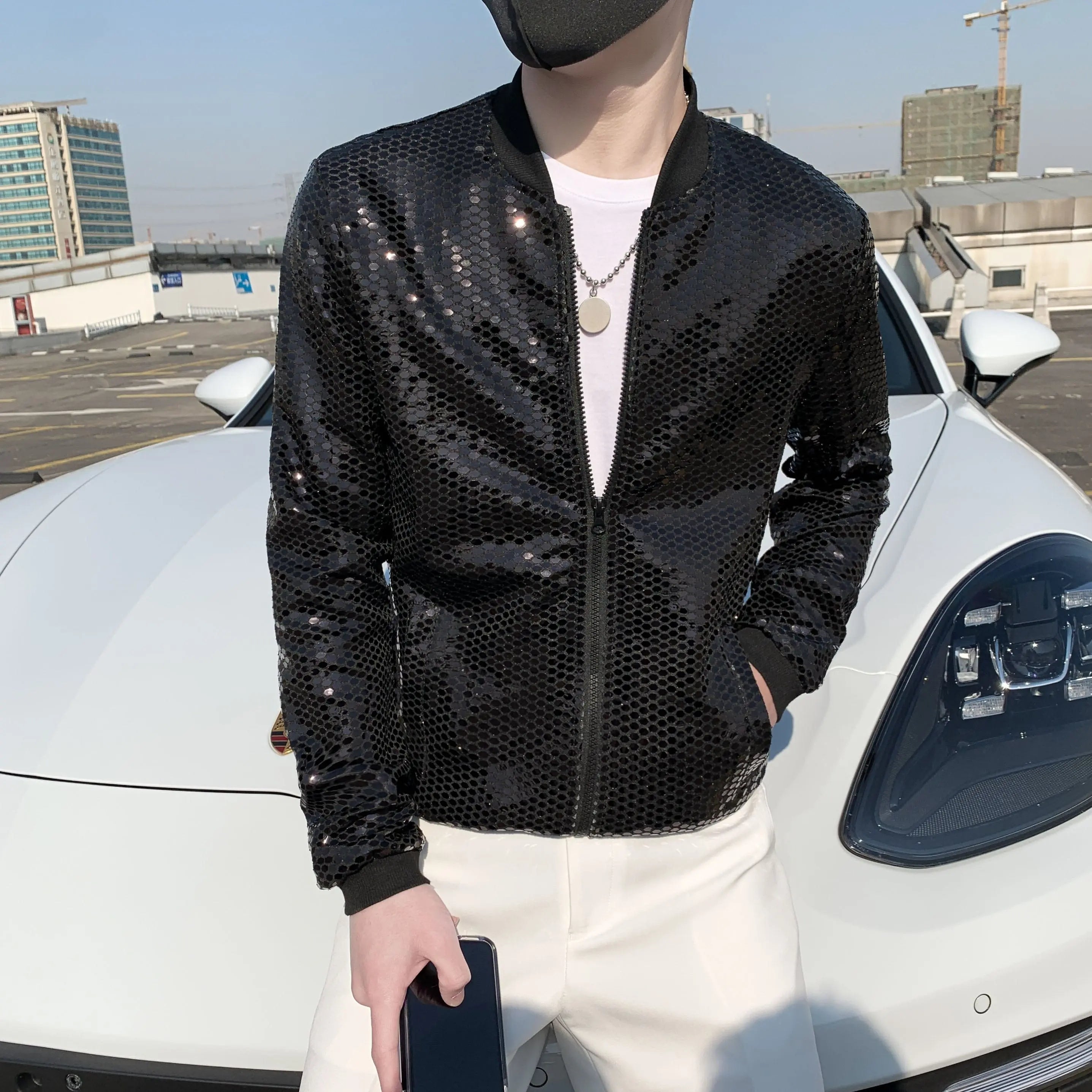 Men's diamond plaid bomber jacket by Showlu Fashion Store, Y2K hip hop style, slim fit, night club and streetwear look.
