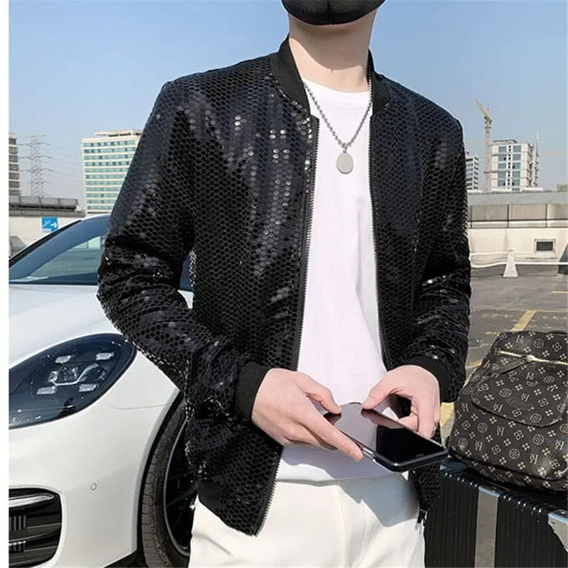 Diamond plaid bomber jacket for men by Showlu Fashion, featuring a Y2K hip hop style, thin coat design, streetwear look.