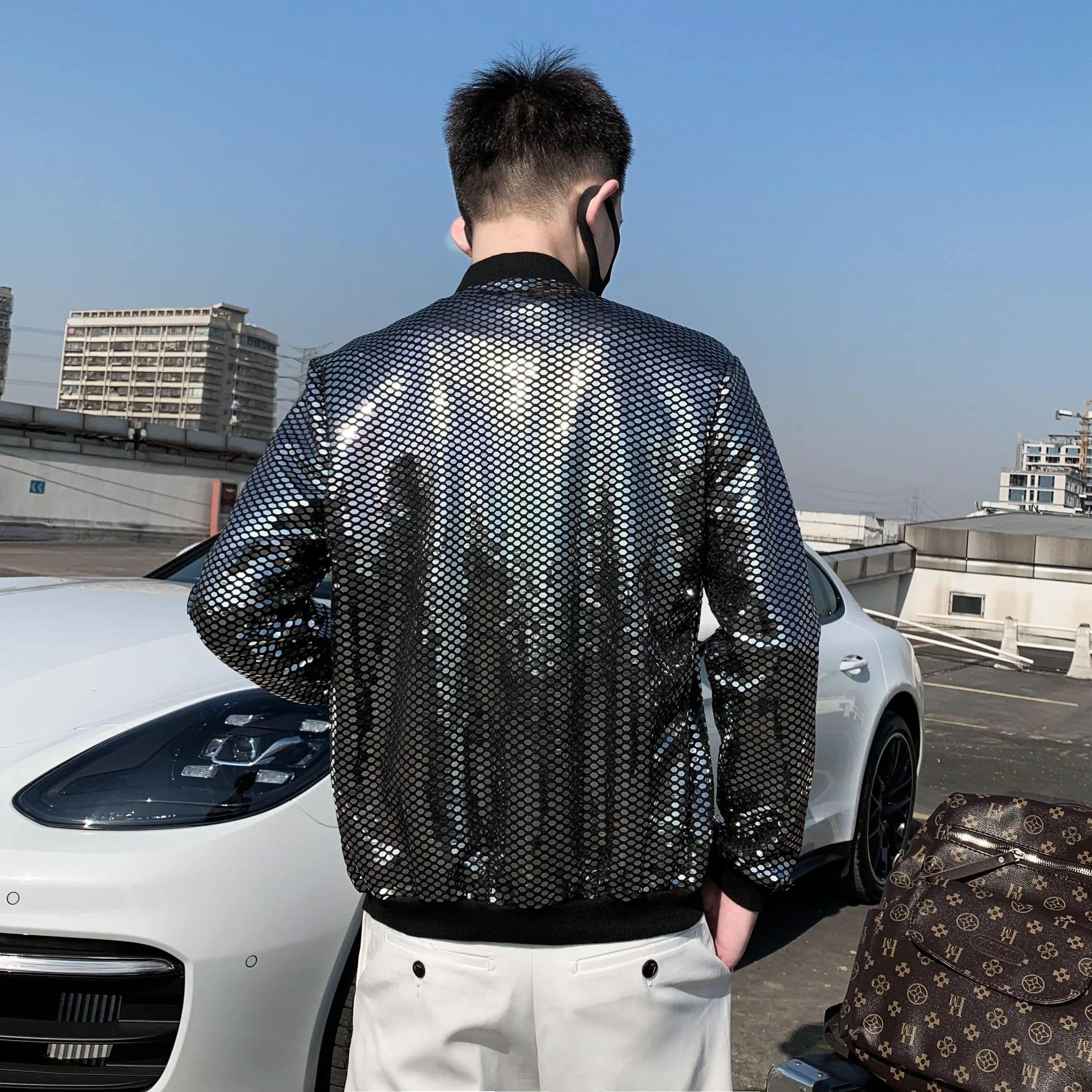 Men's diamond plaid bomber jacket by Showlu Fashion Store, stylish Y2K hip hop thin coat with a modern streetwear look.