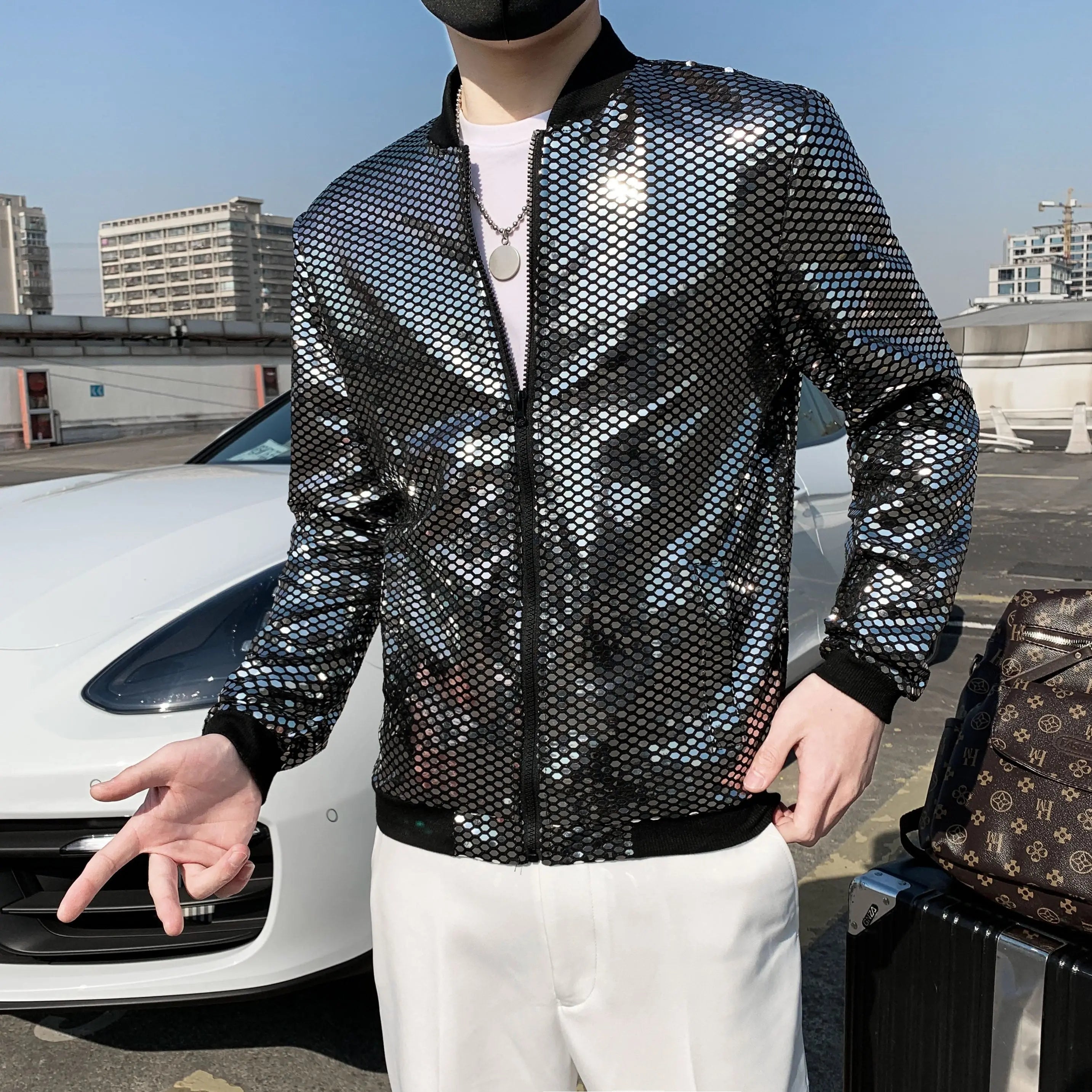 Diamond plaid bomber jacket for men by Showlu Fashion, featuring a slim fit design, suitable for streetwear and night club style.