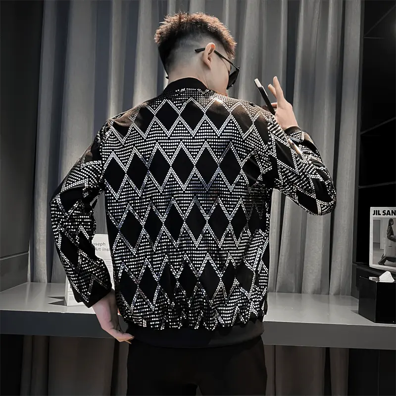 Men's diamond plaid bomber jacket by Showlu Fashion Store, featuring a Y2K hip hop style with a slim fit and streetwear design.