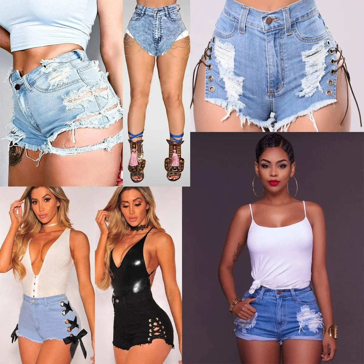 Showlu Fashion high waist lace denim shorts with ripped details, European-American style hot pants for summer wear.