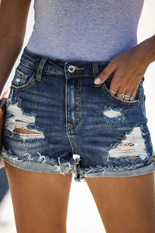 Showlu Fashion high waist lace denim shorts with ripped details, European-American style hot pants for summer.
