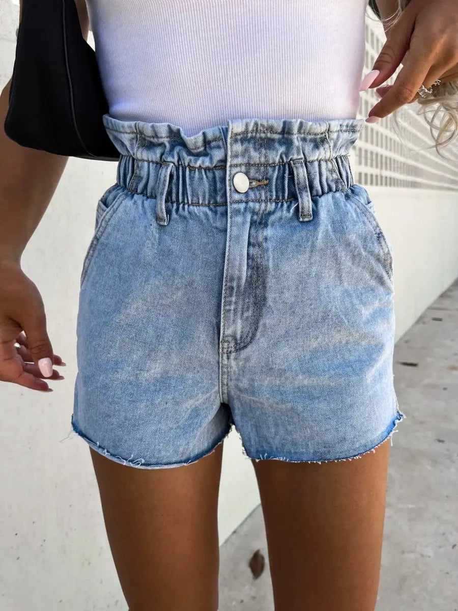 Showlu Fashion high waist lace denim shorts with ripped details, European-American style, summer hot pants, front view.