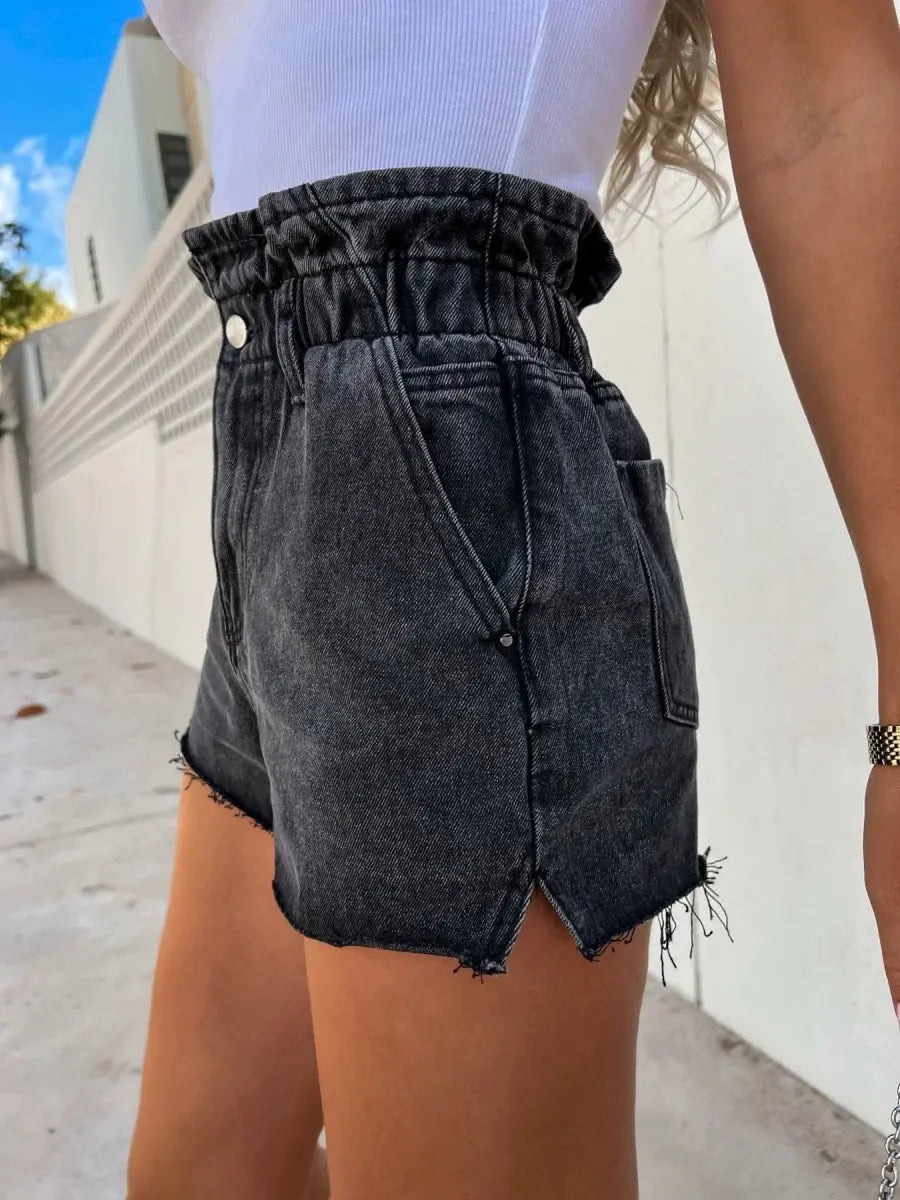 Showlu Fashion high waist lace denim shorts with ripped details, European-American style, perfect for summer hot pants.