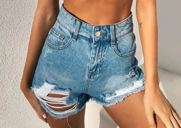 Showlu Fashion high waist lace denim shorts with ripped details, European-American style hot pants for summer.