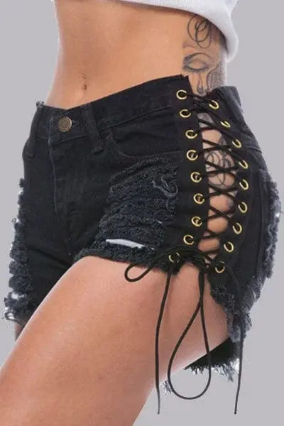 Showlu Fashion high waist lace denim shorts with ripped details and European-American style for summer hot pants.