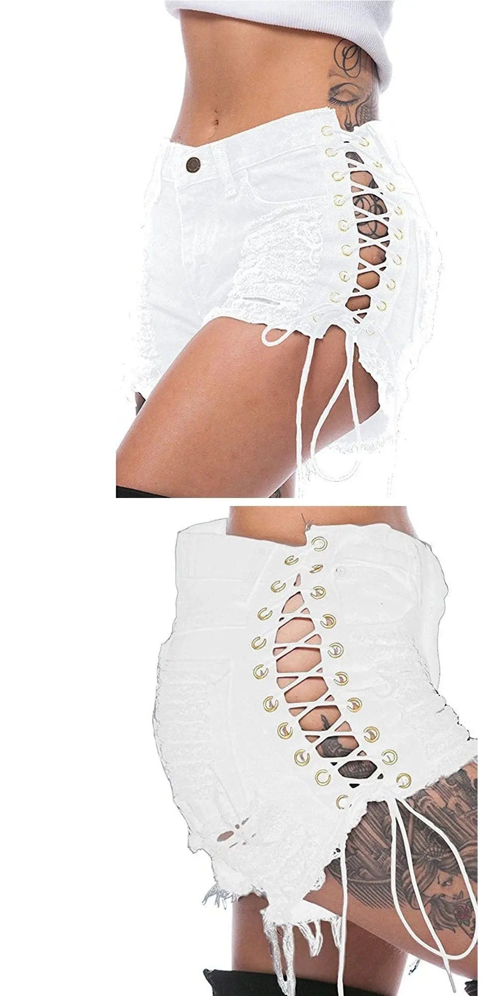 High waist lace denim shorts with ripped details, European-American style hot pants by Showlu Fashion.