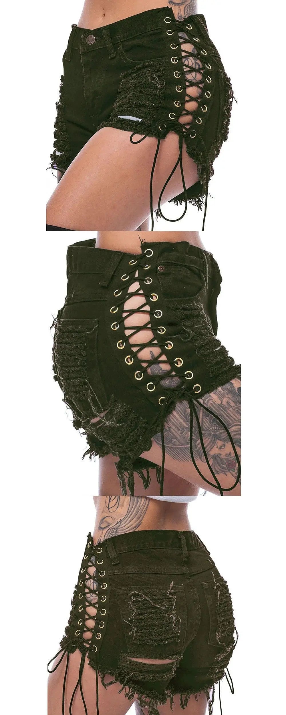Showlu Fashion high waist lace denim shorts with ripped details, European-American style hot pants, perfect for summer casual wear.